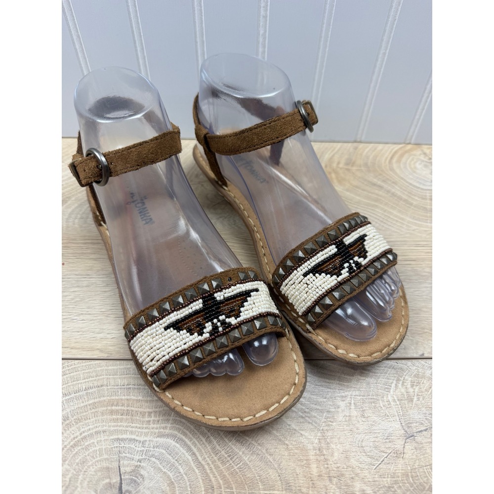 Minnetonka Womens Brown Suede Beaded Thunderbird Studded Ankle Strap Sandals 6